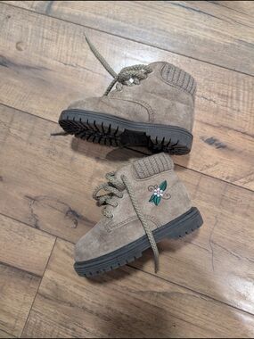 Expressions Taupe Suede Kids Lace-Up Ankle Boots with Embroidered Flower